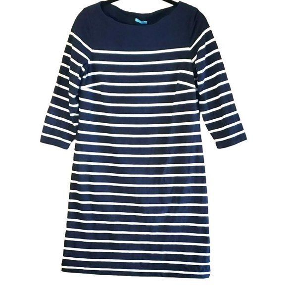 J McLaughlin Women's Navy Blue White Brinker Striped Boat Neck 3/4 Sleeve Dress - Picture 1 of 3